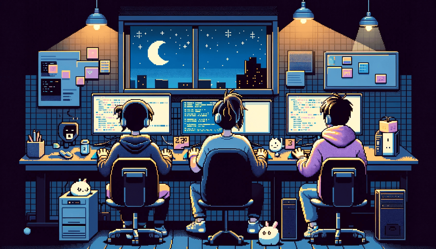 Two participants in the hackathon room, shown from the back, focused on their screens, programming. Enhance the nighttime atmosphere by adding elements like a dark sky visible through a window, and indoor lighting that subtly suggests it's late at night. Integrate elements to emphasize the use of Generative AI, such as a cute robot assisting in pair programming. The overall mood should convey a late-night coding session, blending the themes of technology, and a cozy, nocturnal setting, 2D pixel arts.