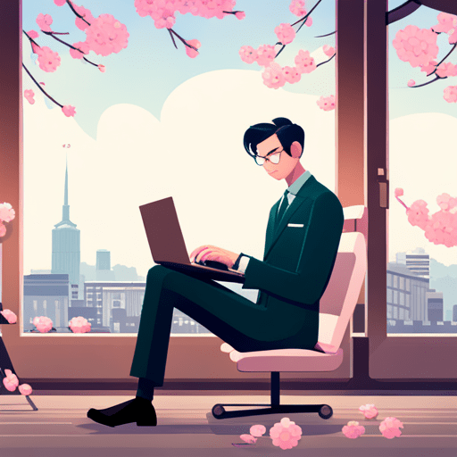 [[만화의 잘생긴 캐릭터의 캐주얼한 남자 창문으로 벚꽃이 보이고 자리에 앉아 노트북을 작업하는 책상에 있다. 다리를 꼬고 있다. 웹 사이트 코딩을 위한 프로젝트 팀 개발자 소프트웨어 프로그래밍 2d 그림]] 그려줘